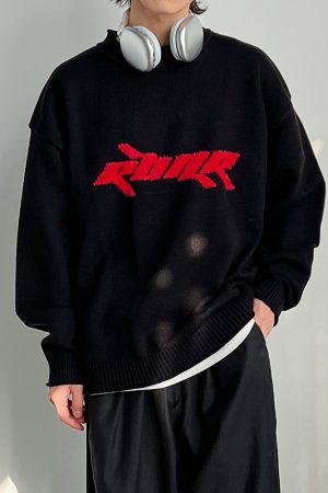 Roaring Beast Black Mixed Yarn Jacquard Logo Sweater - Cozy Knit, Trendy Streetwear, Y2K Fashion