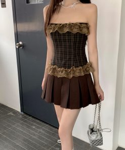 Rock Princess Retro Lace Trim Sleeveless Bustier Pleated Dress - 90s Inspired Hot Girl Light Rock Plaid Fashion