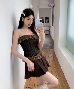 Rock Princess Retro Lace Trim Sleeveless Bustier Pleated Dress - 90s Inspired Hot Girl Light Rock Plaid Fashion