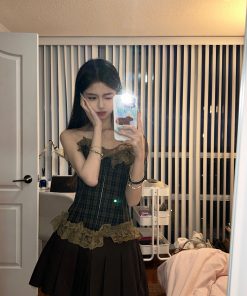 Rock Princess Retro Lace Trim Sleeveless Bustier Pleated Dress - 90s Inspired Hot Girl Light Rock Plaid Fashion