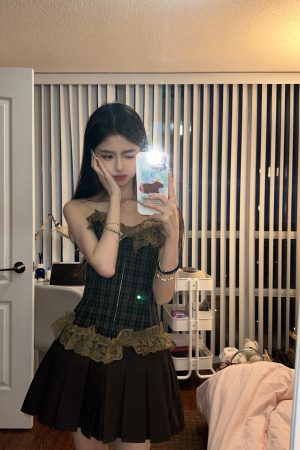 Rock Princess Retro Lace Trim Sleeveless Bustier Pleated Dress - 90s Inspired Hot Girl Light Rock Plaid Fashion