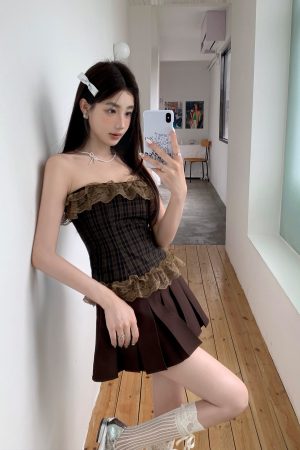 Rock Princess Retro Lace Trim Sleeveless Bustier Pleated Dress - 90s Inspired Hot Girl Light Rock Plaid Fashion
