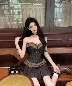 Rock Princess Retro Lace Trim Sleeveless Bustier Pleated Dress - 90s Inspired Hot Girl Light Rock Plaid Fashion