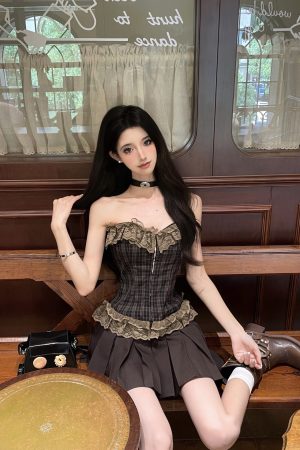 Rock Princess Retro Lace Trim Sleeveless Bustier Pleated Dress - 90s Inspired Hot Girl Light Rock Plaid Fashion