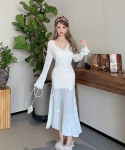 Romantic Handmade Crochet High-Profile Sweater Dress in Lazy Mohair - Winter Garden Style for Effortless Chic