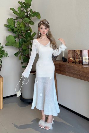 Romantic Handmade Crochet High-Profile Sweater Dress in Lazy Mohair - Winter Garden Style for Effortless Chic