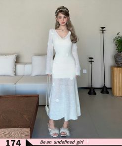 Romantic Handmade Crochet High-Profile Sweater Dress in Lazy Mohair - Winter Garden Style for Effortless Chic