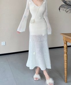 Romantic Handmade Crochet High-Profile Sweater Dress in Lazy Mohair - Winter Garden Style for Effortless Chic