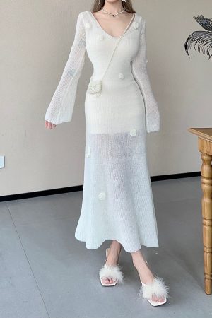 Romantic Handmade Crochet High-Profile Sweater Dress in Lazy Mohair - Winter Garden Style for Effortless Chic