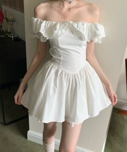 Romantic Lace Off-the-Shoulder Ruffled Waist Slimming Dress - French Style, Perfect for Date Night and 90s Inspired Looks