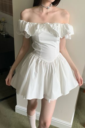 Romantic Lace Off-the-Shoulder Ruffled Waist Slimming Dress - French Style, Perfect for Date Night and 90s Inspired Looks