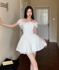 Romantic Lace Off-the-Shoulder Ruffled Waist Slimming Dress - French Style, Perfect for Date Night and 90s Inspired Looks