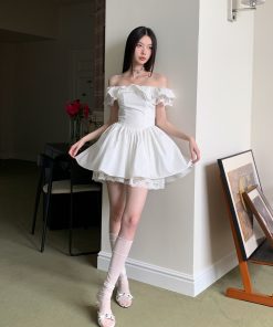 Romantic Lace Off-the-Shoulder Ruffled Waist Slimming Dress - French Style, Perfect for Date Night and 90s Inspired Looks