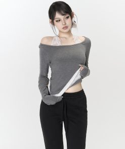 Romantic Lace Splicing Halter Off-Shoulder Knitted Top for Women - Slim Fit Autumn Fashion Shirt