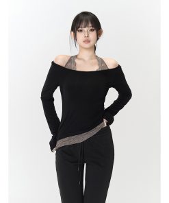 Romantic Lace Splicing Halter Off-Shoulder Knitted Top for Women - Slim Fit Autumn Fashion Shirt