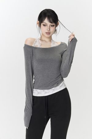 Romantic Lace Splicing Halter Off-Shoulder Knitted Top for Women - Slim Fit Autumn Fashion Shirt
