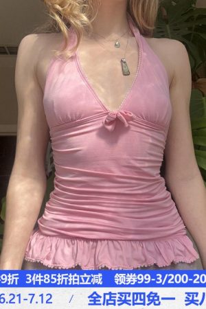 Rose Pink V-Neck Halter Top with Ruffle Hem - Waist-Cinching Slim-Fit Versatile Style for Y2K and 90s Inspired Outfits