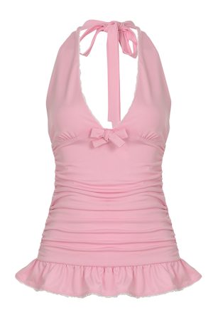 Rose Pink V-Neck Halter Top with Ruffle Hem - Waist-Cinching Slim-Fit Versatile Style for Y2K and 90s Inspired Outfits