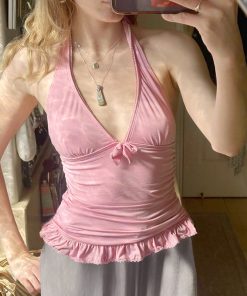 Rose Pink V-Neck Halter Top with Ruffle Hem - Waist-Cinching Slim-Fit Versatile Style for Y2K and 90s Inspired Outfits