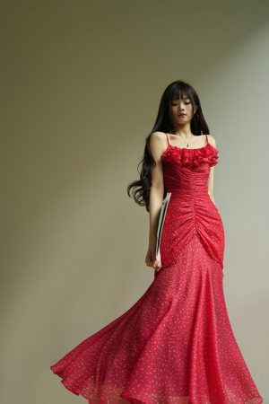 Rose Tarta French Vintage Romantic Polka Dot Ruffled Mermaid Slip Dress - 90s Inspired Fashion Statement Piece