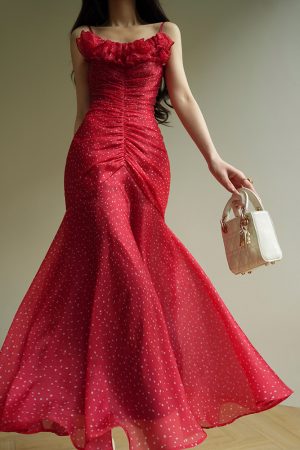 Rose Tarta French Vintage Romantic Polka Dot Ruffled Mermaid Slip Dress - 90s Inspired Fashion Statement Piece