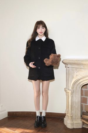 Round Neck Drop Shoulder Loose Silhouette Black Woolen Coat Jacket - Elegant Women's Autumn Winter Outerwear