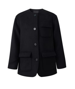 Round Neck Drop Shoulder Loose Silhouette Black Woolen Coat Jacket - Elegant Women's Autumn Winter Outerwear