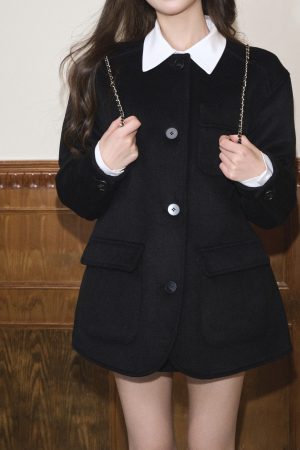 Round Neck Drop Shoulder Loose Silhouette Black Woolen Coat Jacket - Elegant Women's Autumn Winter Outerwear