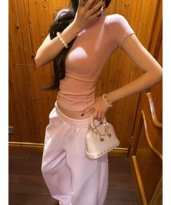 Round Neck Short Sleeve T-Shirt and Wide Leg Casual Pants Two-Piece Set for Women - Summer Sports, Y2K Style, Pumpkin/Rose Pink