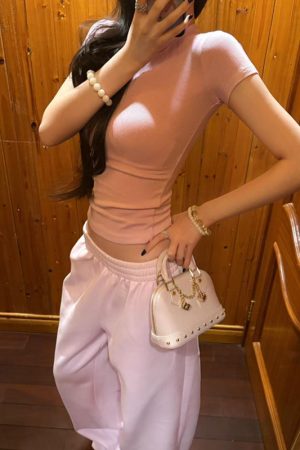 Round Neck Short Sleeve T-Shirt and Wide Leg Casual Pants Two-Piece Set for Women - Summer Sports, Y2K Style, Pumpkin/Rose Pink