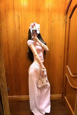 Round Neck Short Sleeve T-Shirt and Wide Leg Casual Pants Two-Piece Set for Women - Summer Sports, Y2K Style, Pumpkin/Rose Pink