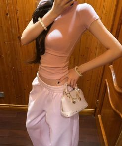 Round Neck Short Sleeve T-Shirt and Wide Leg Casual Pants Two-Piece Set for Women - Summer Sports, Y2K Style, Pumpkin/Rose Pink