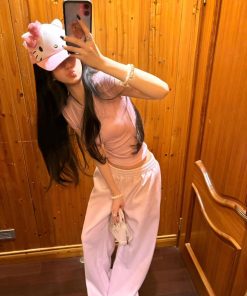Round Neck Short Sleeve T-Shirt and Wide Leg Casual Pants Two-Piece Set for Women - Summer Sports, Y2K Style, Pumpkin/Rose Pink