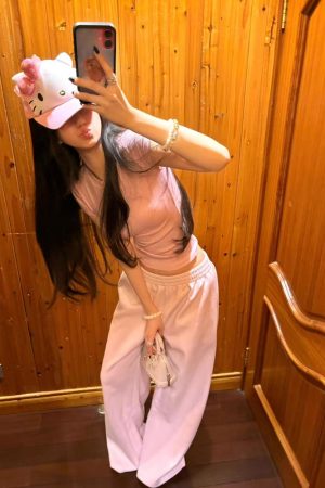 Round Neck Short Sleeve T-Shirt and Wide Leg Casual Pants Two-Piece Set for Women - Summer Sports, Y2K Style, Pumpkin/Rose Pink