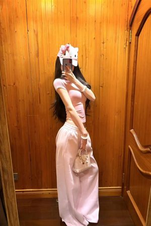 Round Neck Short Sleeve T-Shirt and Wide Leg Casual Pants Two-Piece Set for Women - Summer Sports, Y2K Style, Pumpkin/Rose Pink