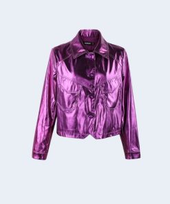 Ruffle Dress With Jeans, Non Revealing Outfits - Metallic Fuchsia Faux Leather Jacket