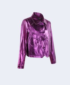 Ruffle Dress With Jeans, Non Revealing Outfits - Metallic Fuchsia Faux Leather Jacket