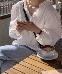 Ruffled Edge Button-Up Blouse in Romantic Spring Style - Korean-Inspired Fashion Top for a Fresh Look