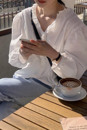 Ruffled Edge Button-Up Blouse in Romantic Spring Style - Korean-Inspired Fashion Top for a Fresh Look