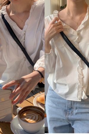 Ruffled Edge Button-Up Blouse in Romantic Spring Style - Korean-Inspired Fashion Top for a Fresh Look