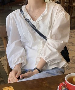 Ruffled Edge Button-Up Blouse in Romantic Spring Style - Korean-Inspired Fashion Top for a Fresh Look