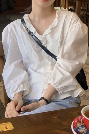 Ruffled Edge Button-Up Blouse in Romantic Spring Style - Korean-Inspired Fashion Top for a Fresh Look