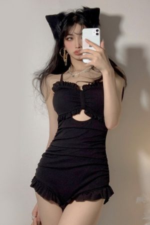 Ruffled Edge One-Piece Swimsuit for Women, High Waist Tummy Control, Slimming Fit, Large Back Exposure, 2025 Trendy Summer Swimwear