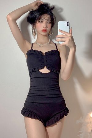 Ruffled Edge One-Piece Swimsuit for Women, High Waist Tummy Control, Slimming Fit, Large Back Exposure, 2025 Trendy Summer Swimwear