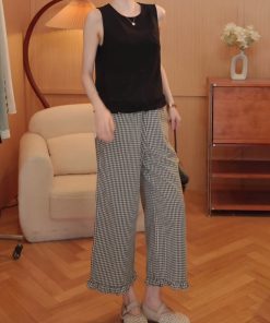 Ruffled Hem Sleeveless Top and Casual Straight Plaid Pants Set - Trendy Summer Outfit for 2025