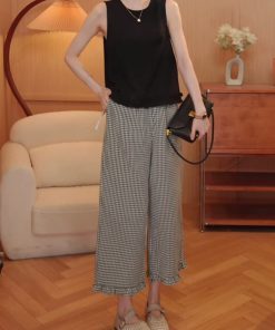 Ruffled Hem Sleeveless Top and Casual Straight Plaid Pants Set - Trendy Summer Outfit for 2025