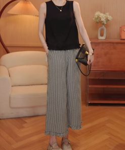 Ruffled Hem Sleeveless Top and Casual Straight Plaid Pants Set - Trendy Summer Outfit for 2025