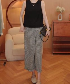 Ruffled Hem Sleeveless Top and Casual Straight Plaid Pants Set - Trendy Summer Outfit for 2025