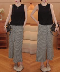 Ruffled Hem Sleeveless Top and Casual Straight Plaid Pants Set - Trendy Summer Outfit for 2025