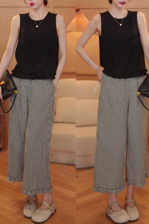 Ruffled Hem Sleeveless Top and Casual Straight Plaid Pants Set - Trendy Summer Outfit for 2025